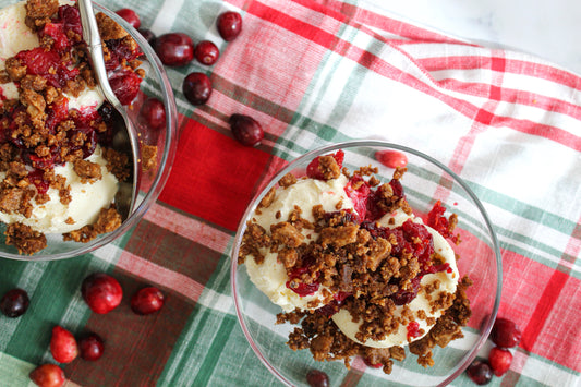Warm Cranberry Compote Sundae with a Hazelnut Biscuit Crumble