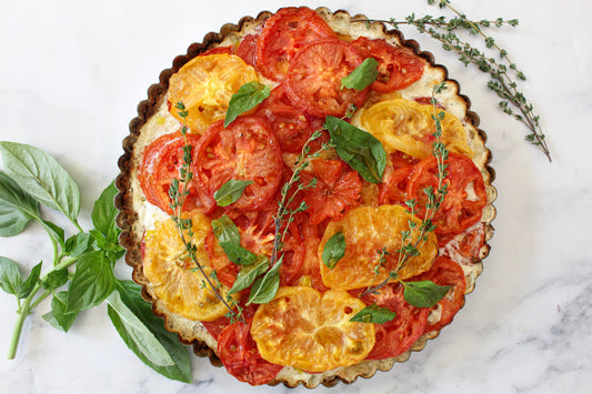 Tomato tart with fresh basil, in a Gruyere Biscuit crust