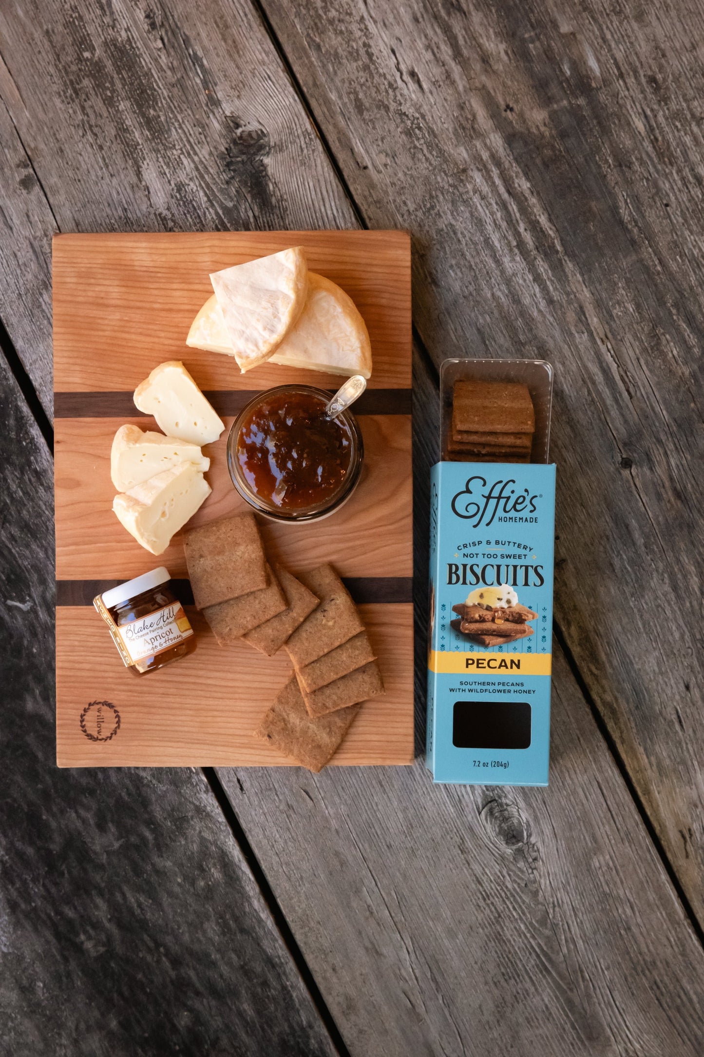 Effie's Pecan Biscuits paired with soft cheese and Blake Hill's apricot jam.