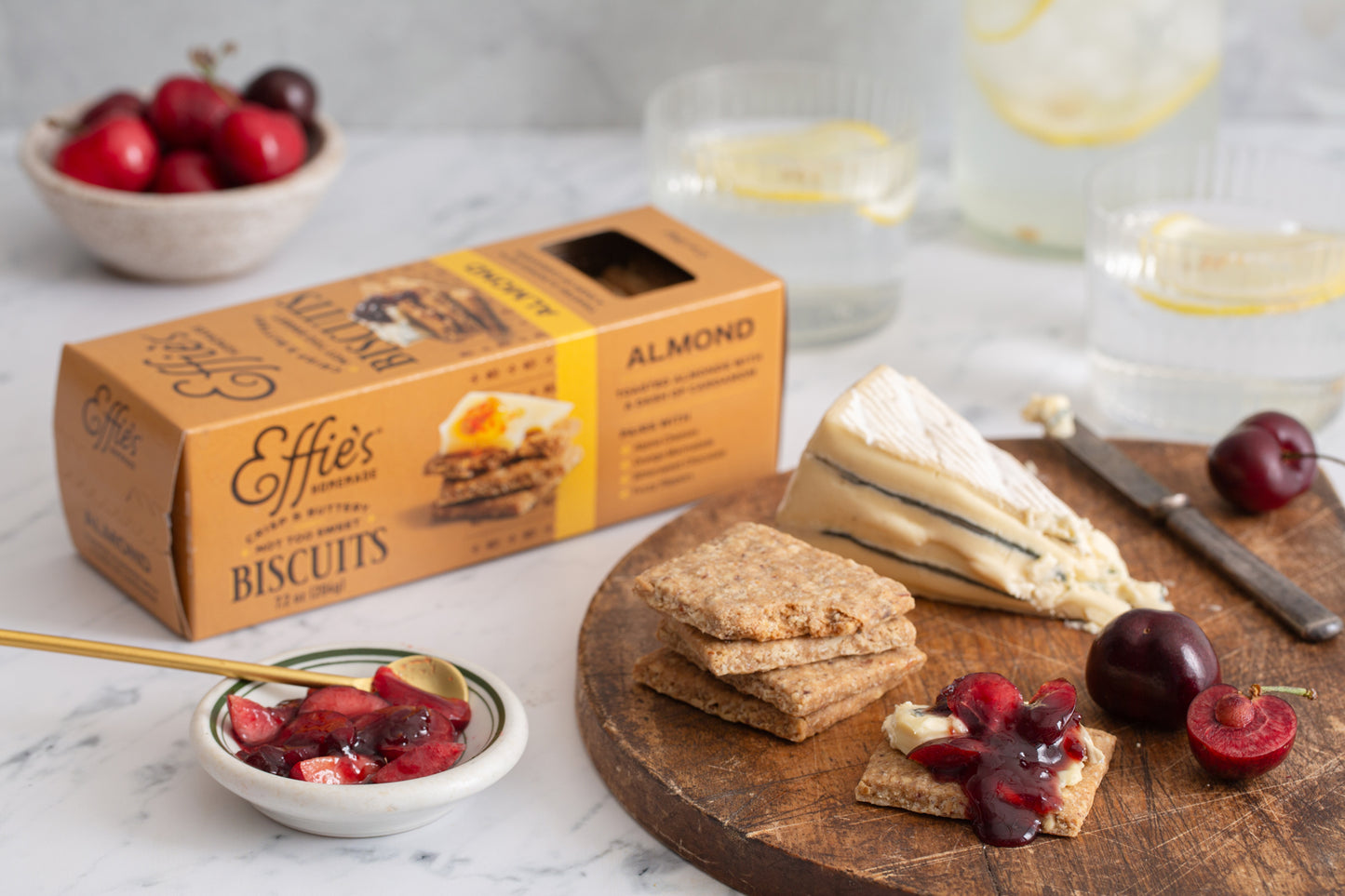 Effie's Almond Biscuits served with creamy blue cheese and fruit preserves.