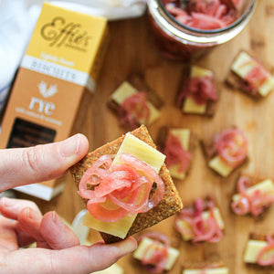 Pickled Onions with Comte Cheese on Rye Biscuits