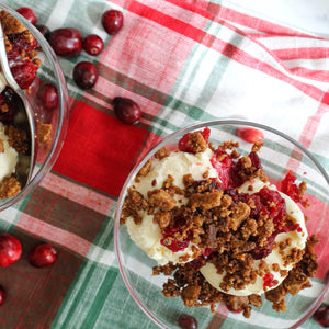 Warm Cranberry Compote Sundae with a Hazelnut Biscuit Crumble