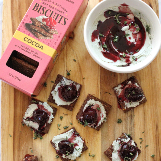 Cocoa Biscuits with Whipped Blue Cheese & Red Wine Cherry Reduction