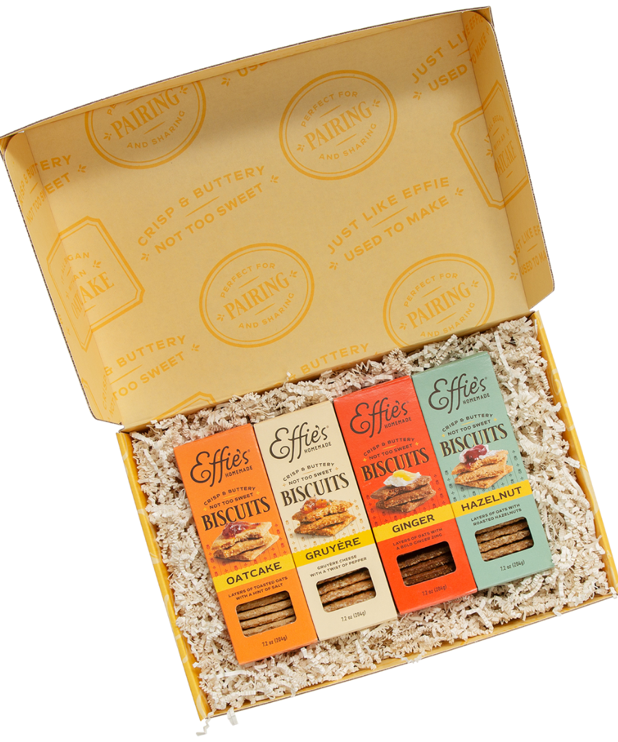 Effie's Gift Box Sampler with four distinct biscuit flavors in a neatly packaged box, ideal for thoughtful gifting or enhancing charcuterie spreads.