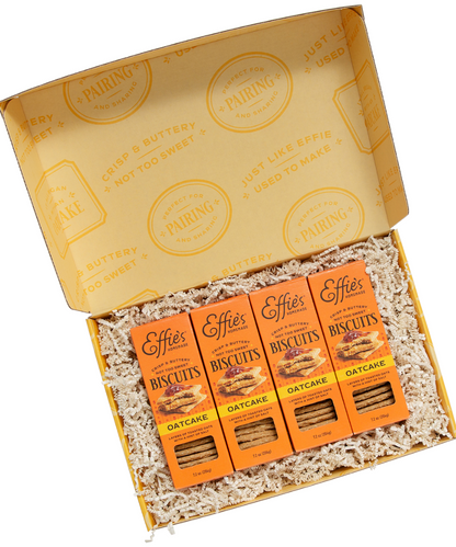 Inside of Effie's Homemade Gift Box containing four boxes of Original Oatcakes, elegantly packaged for gifting.