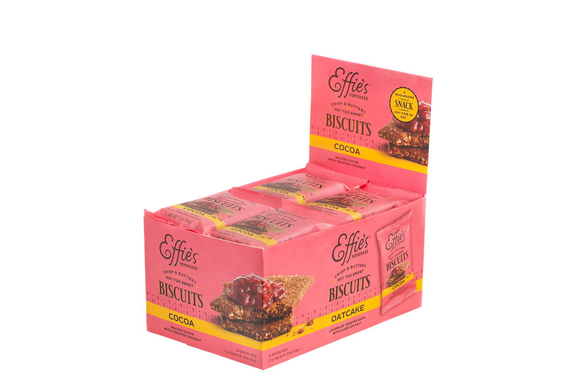 Display box of Effie's Cocoa Biscuit Single Serves on a white background
