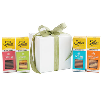 Effie's Homemade Gift Box Sampler featuring 1 box each of Oatcakes, Corn, Pecan and Cocoa Biscuits